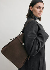 Belted suede bucket bag brown