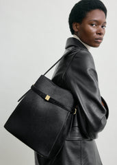 Belted pony hair bucket bag black