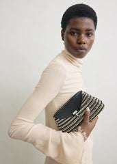 Mini T-lock woven-leather clutch black/sand