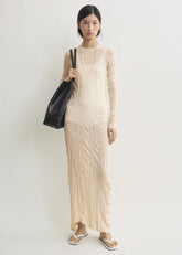 Crinkled knit long-sleeve dress pale apricot