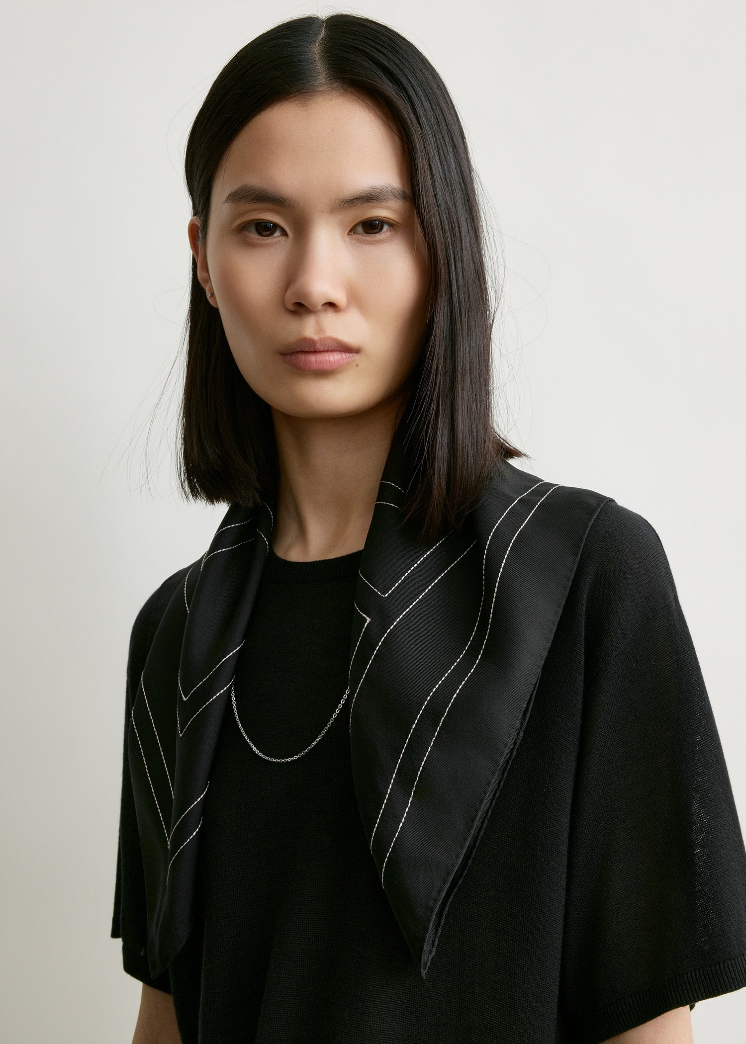 Embroidered monogram silk scarf black