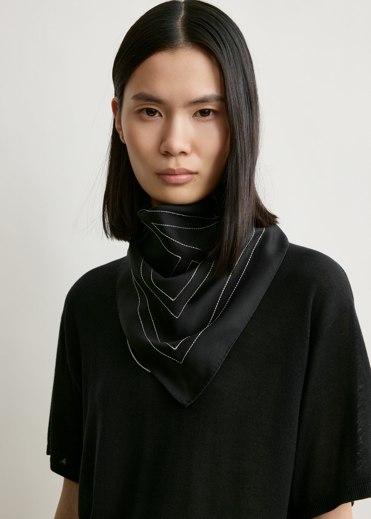 Embroidered monogram silk scarf black