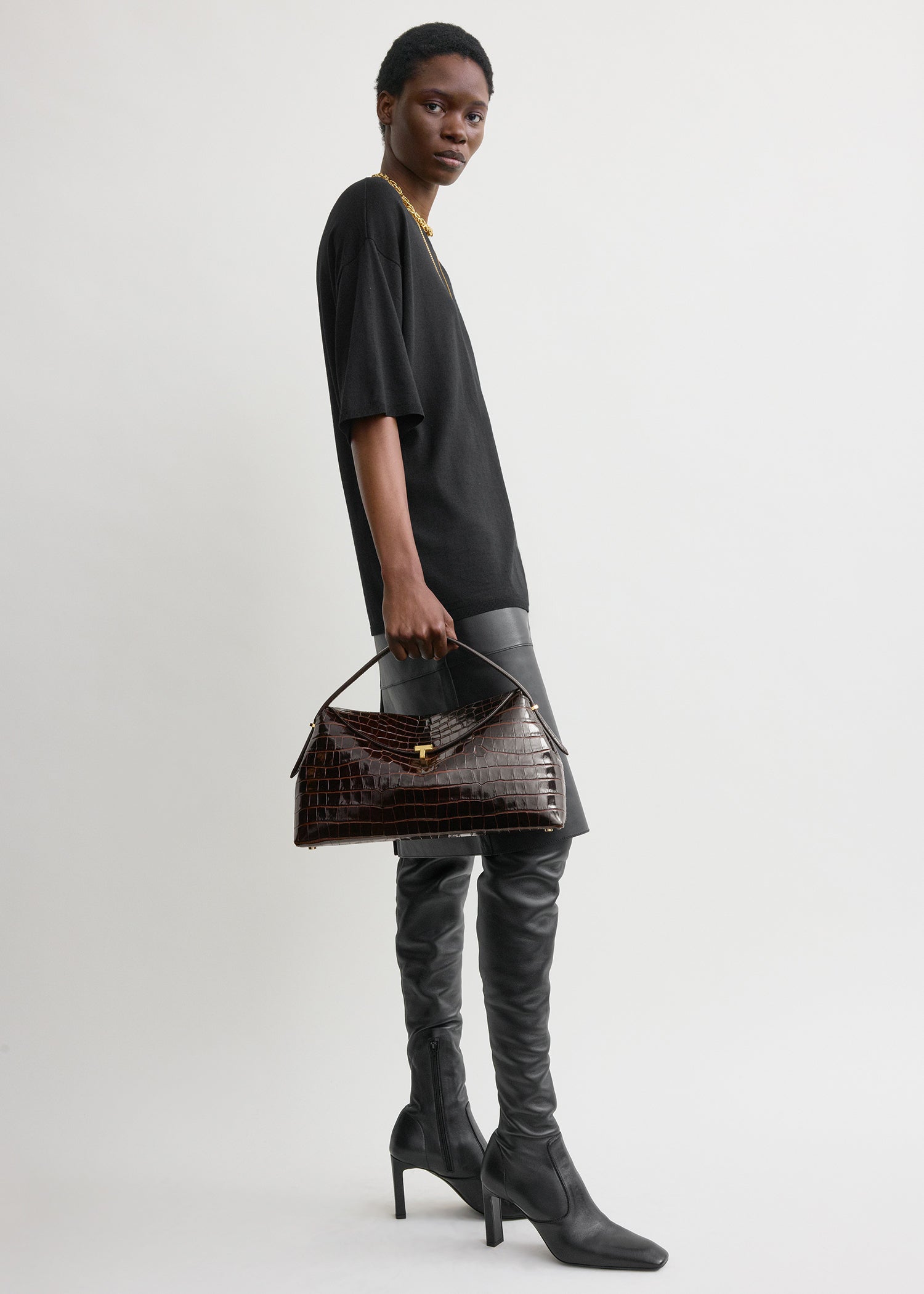 T-lock croco-embossed top handle dark brown