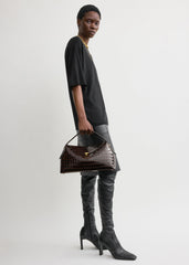 T-lock croco-embossed top handle dark brown