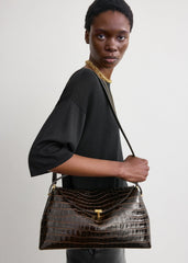 T-lock croco-embossed top handle dark brown