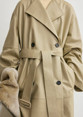 Collarless leather coat rye