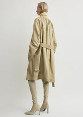 Collarless leather coat rye
