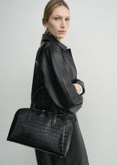 Medium croco-embossed day tote black