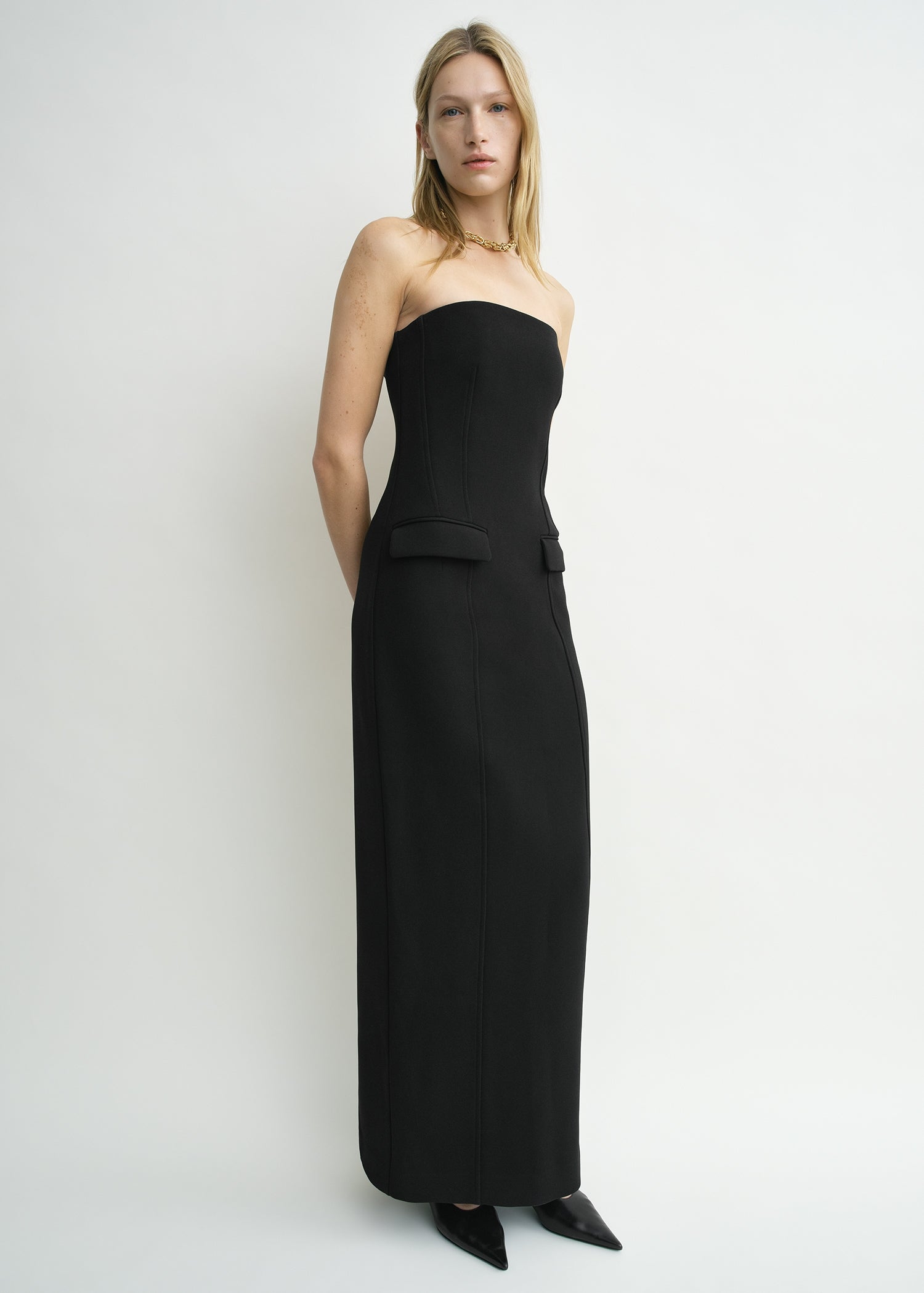 Strapless pocket dress black petite