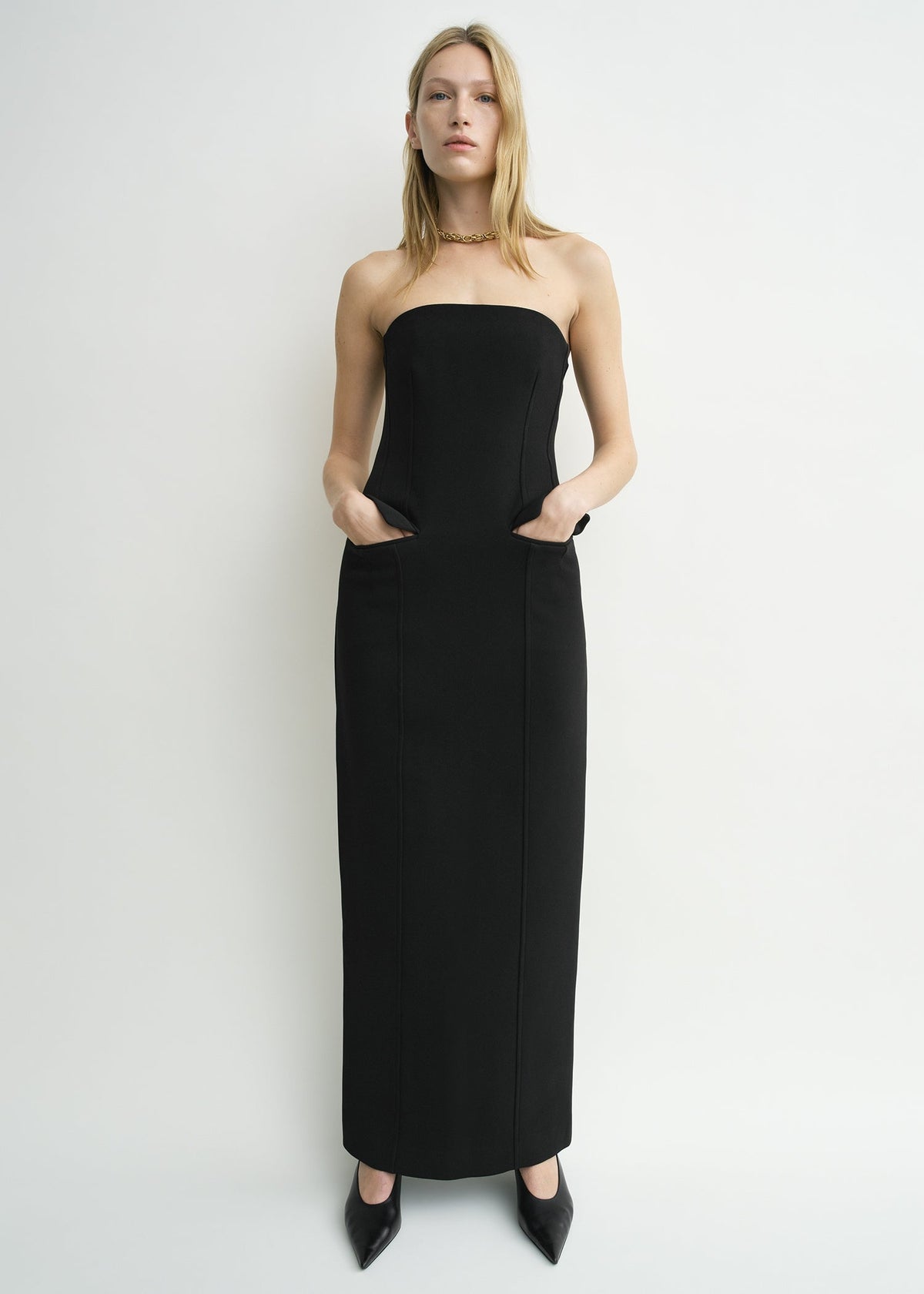 Strapless pocket dress black petite