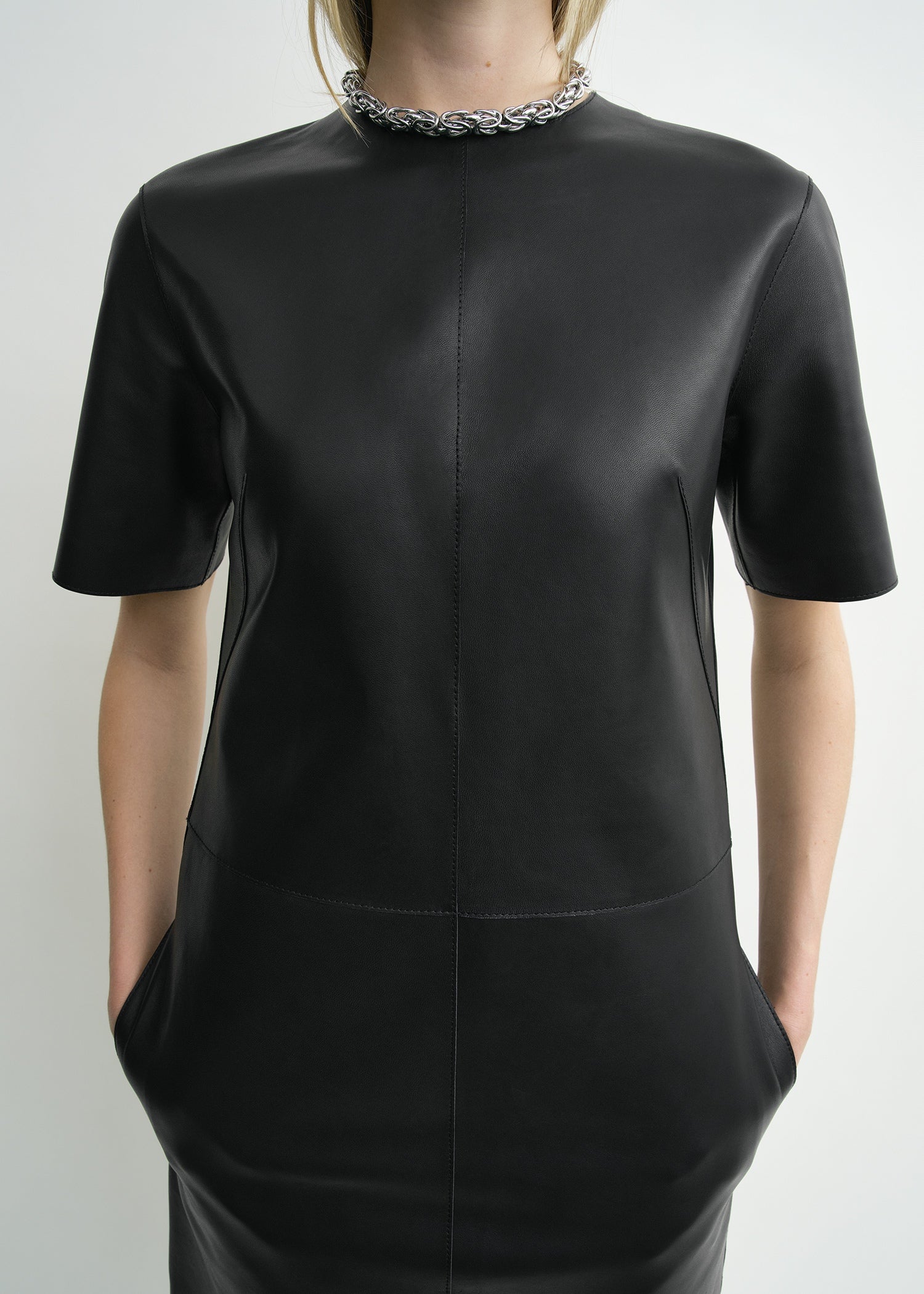 Leather tee dress black petite