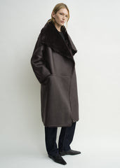 Shearling wrap coat dark brown petite