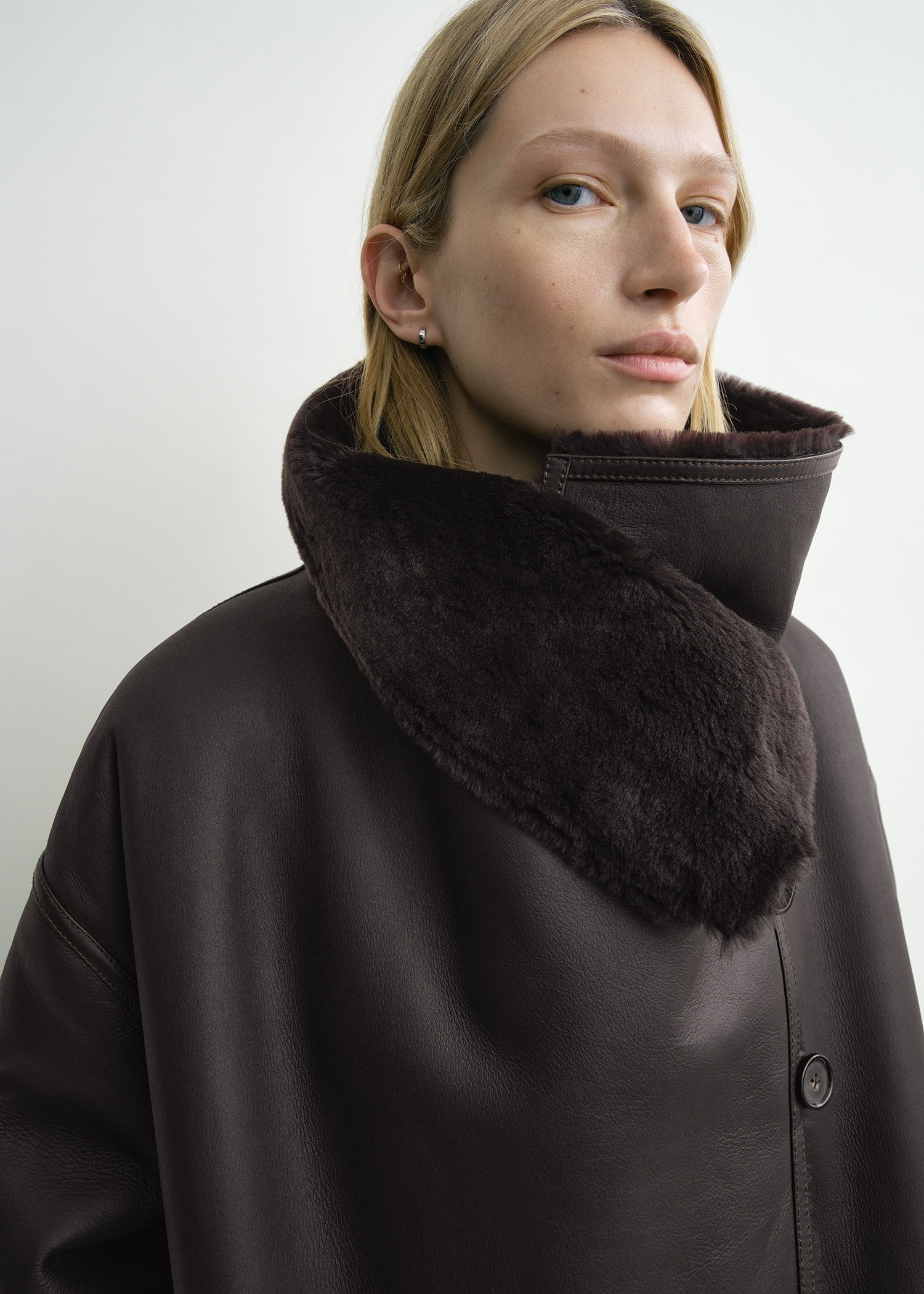 Shearling wrap coat dark brown petite