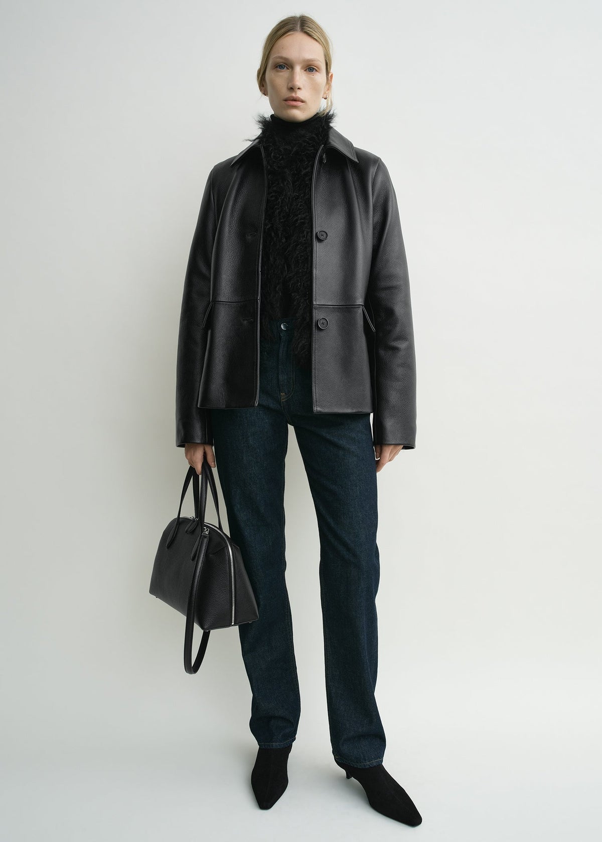 Grained leather jacket black petite