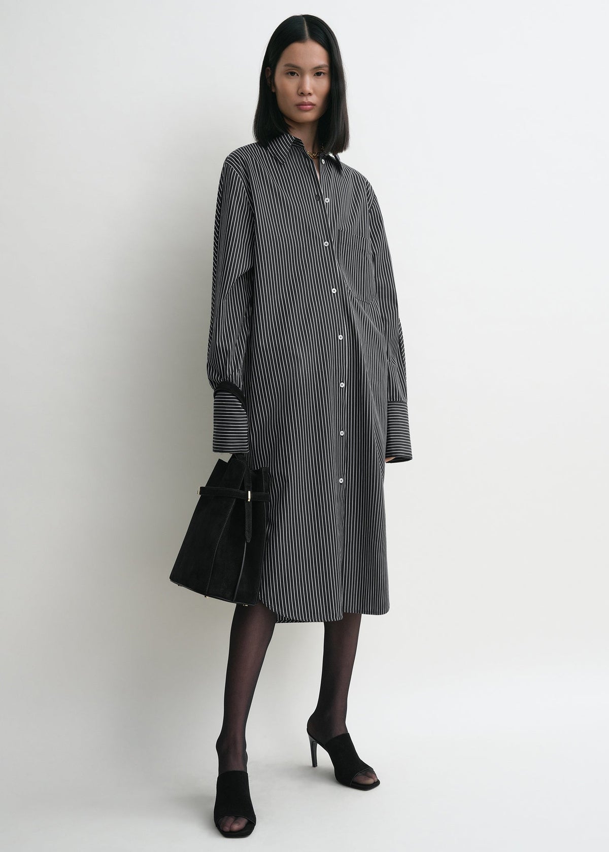 Striped kimono-sleeve shirtdress black/white