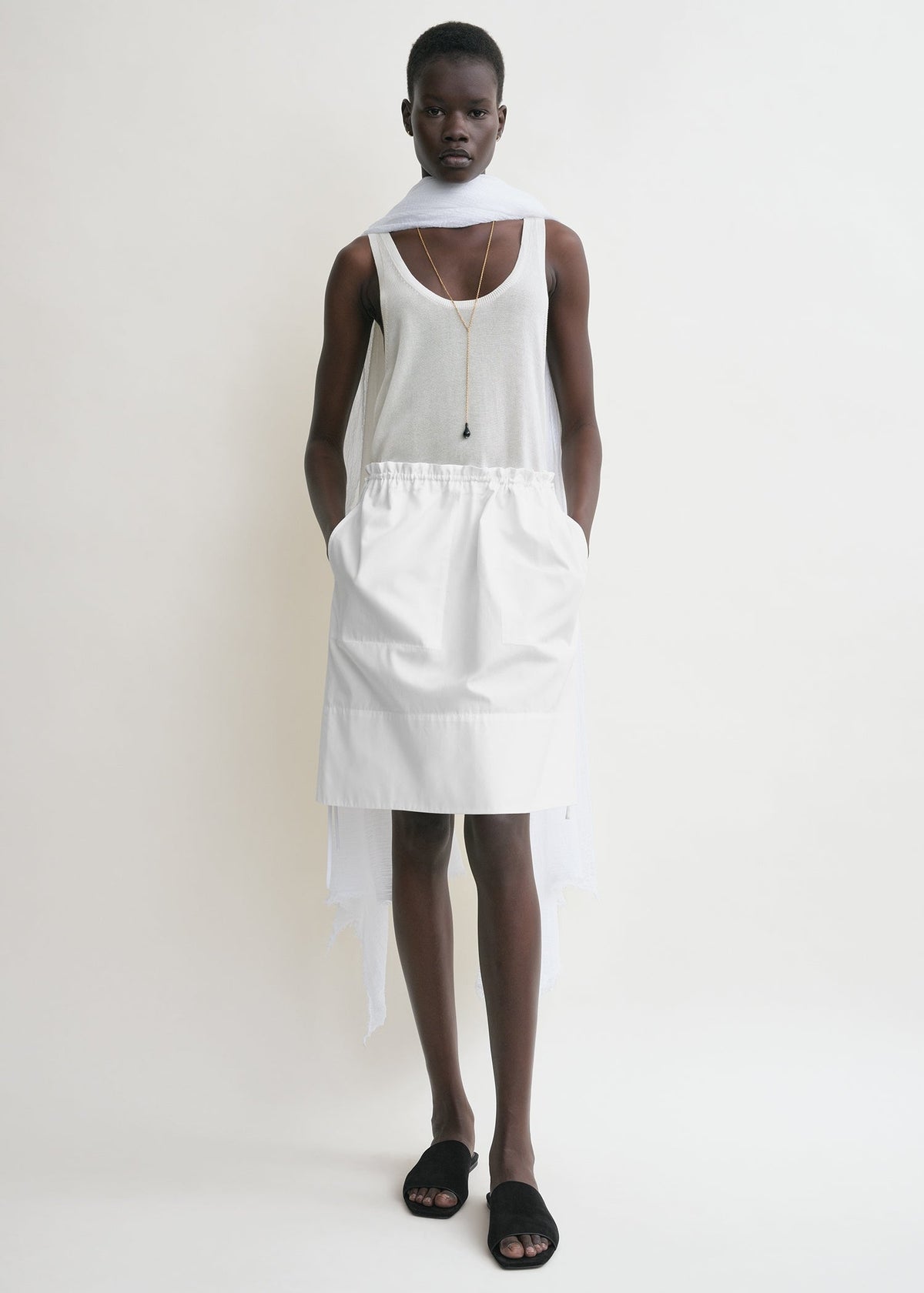 Drawstring poplin mini skirt white