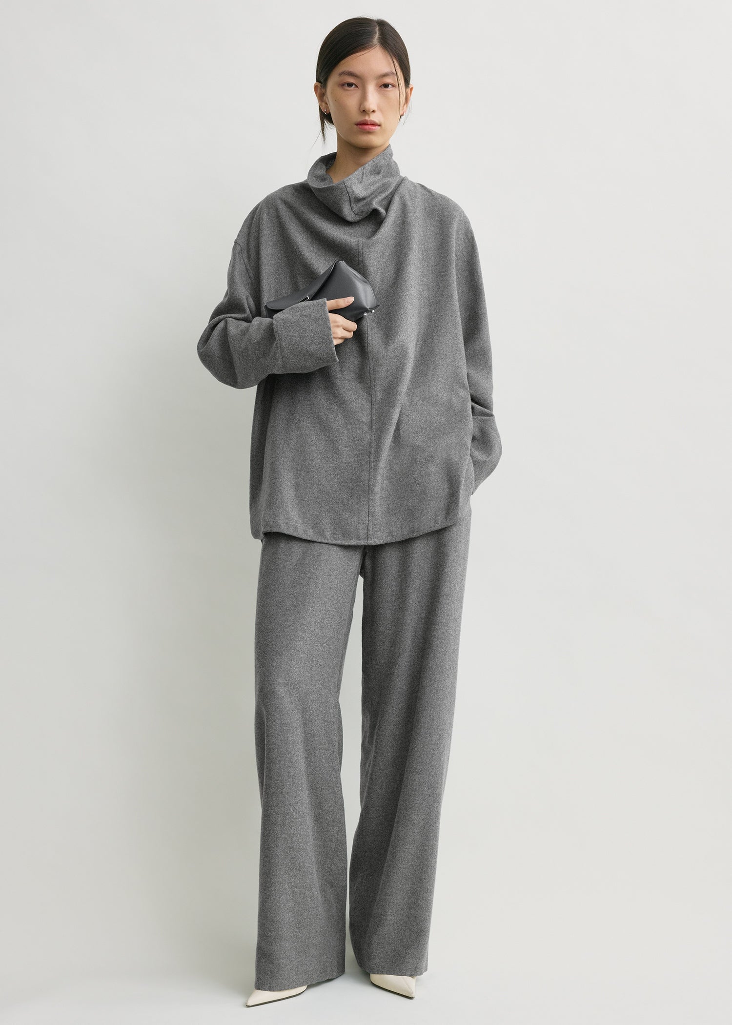 Funnel-neck flannel top grey petite