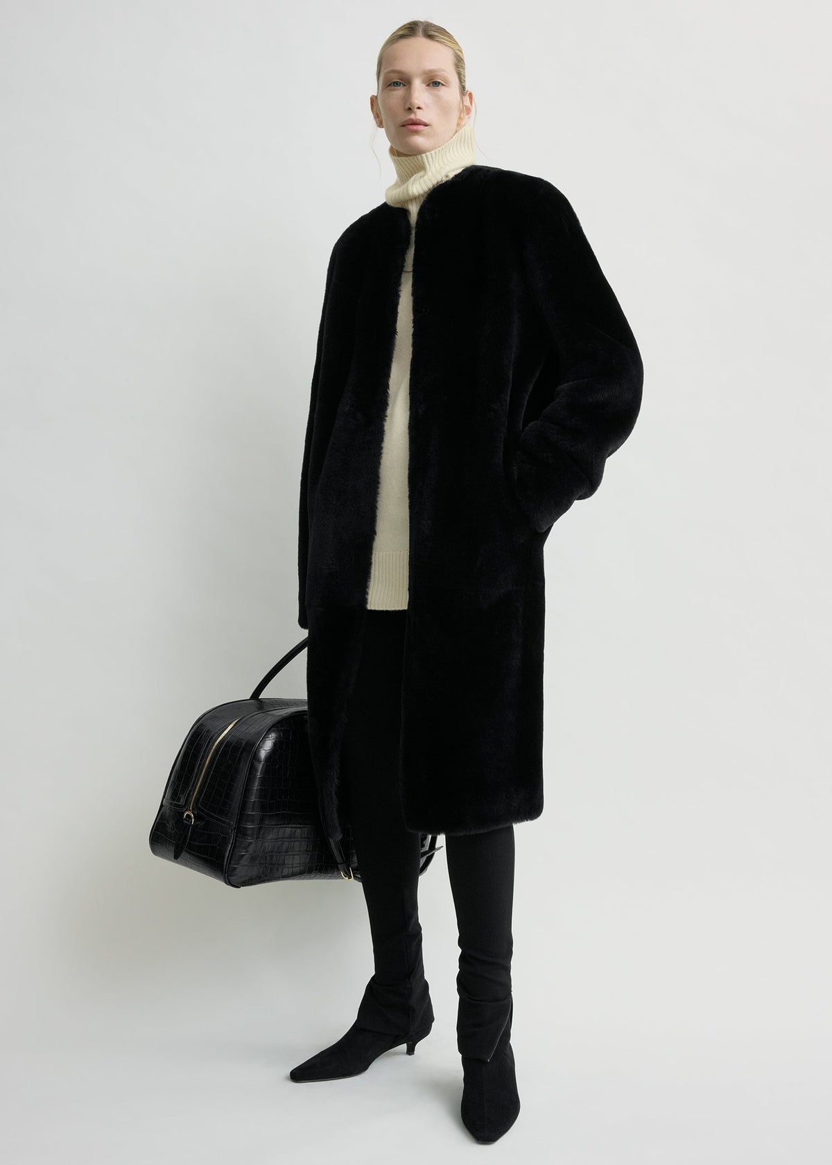 Shearling midi coat black