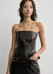 Strapless croco-embossed pocket top dark brown