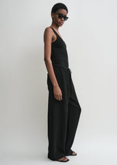 Woven stripe drawstring trousers black