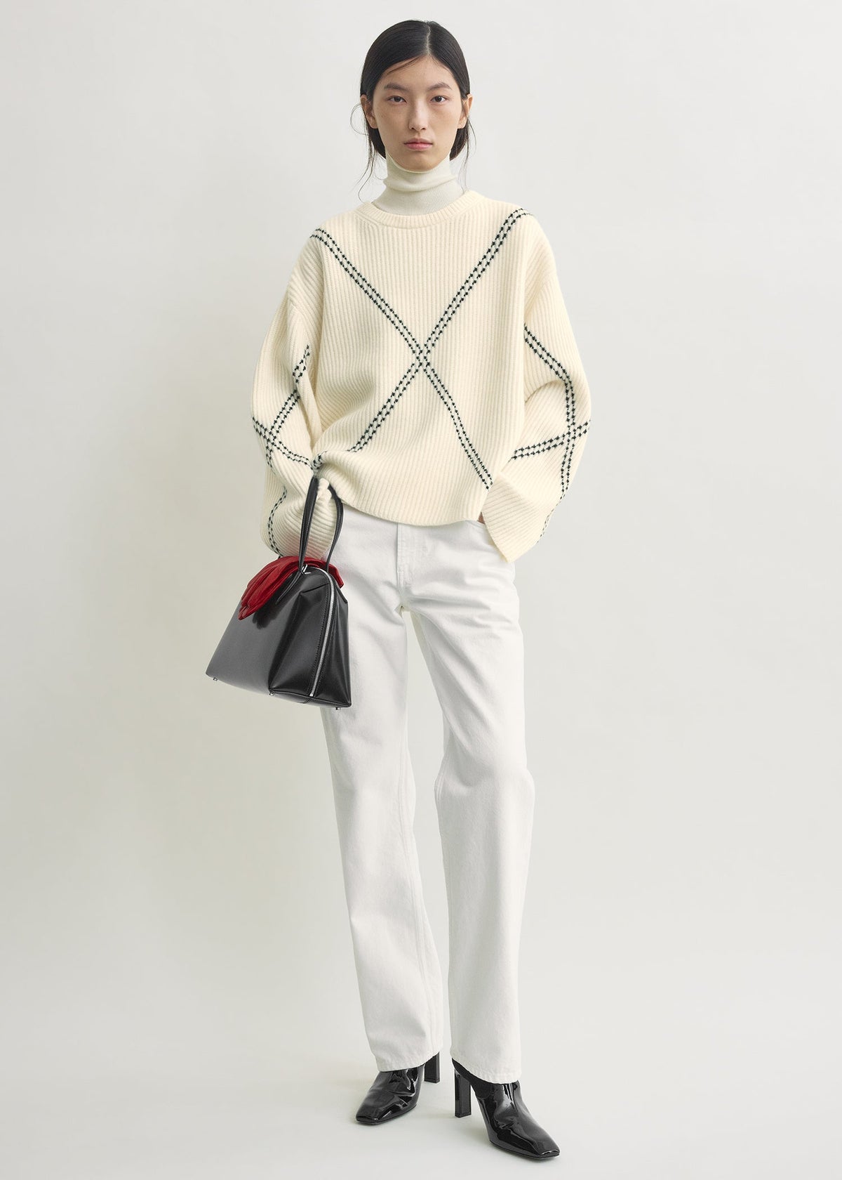 Argyle-stitch cashmere sweater ecru/black