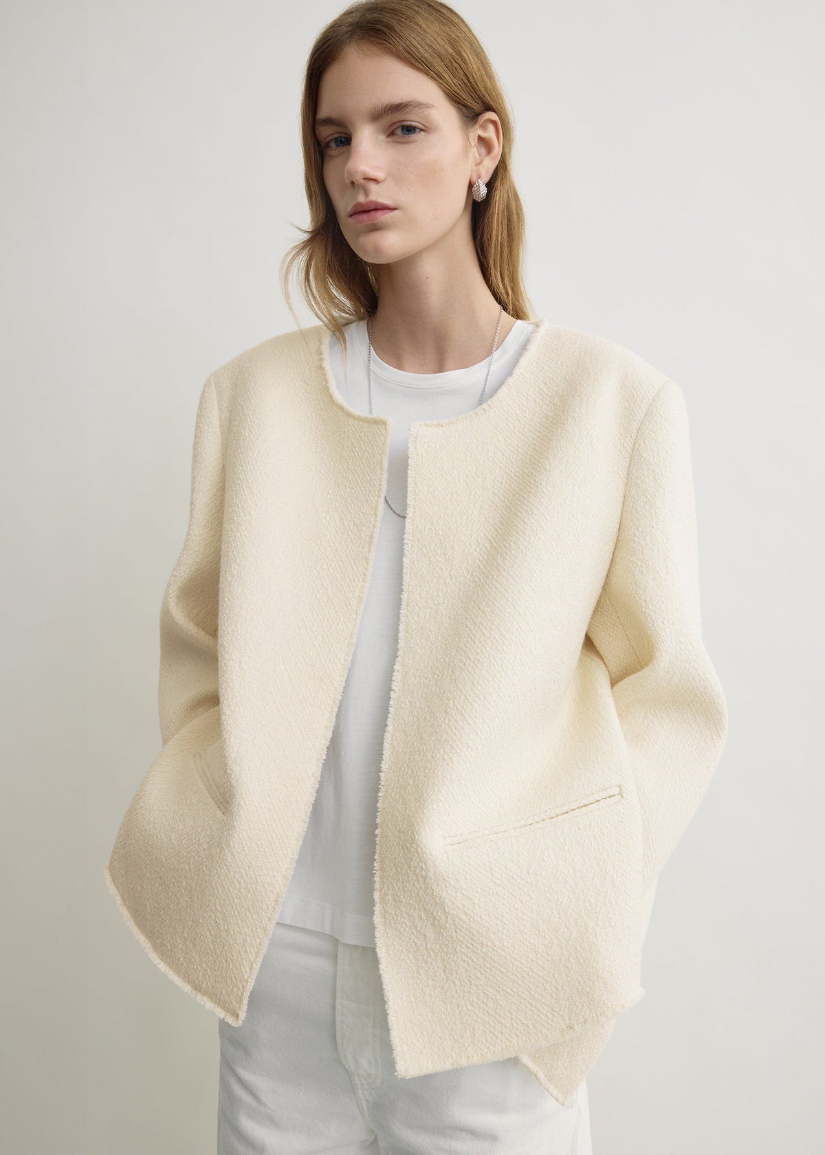 Open-front bouclé blazer ecru