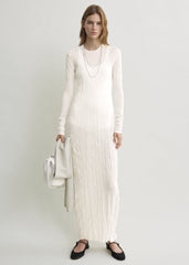 Crinkled knit long-sleeve dress white