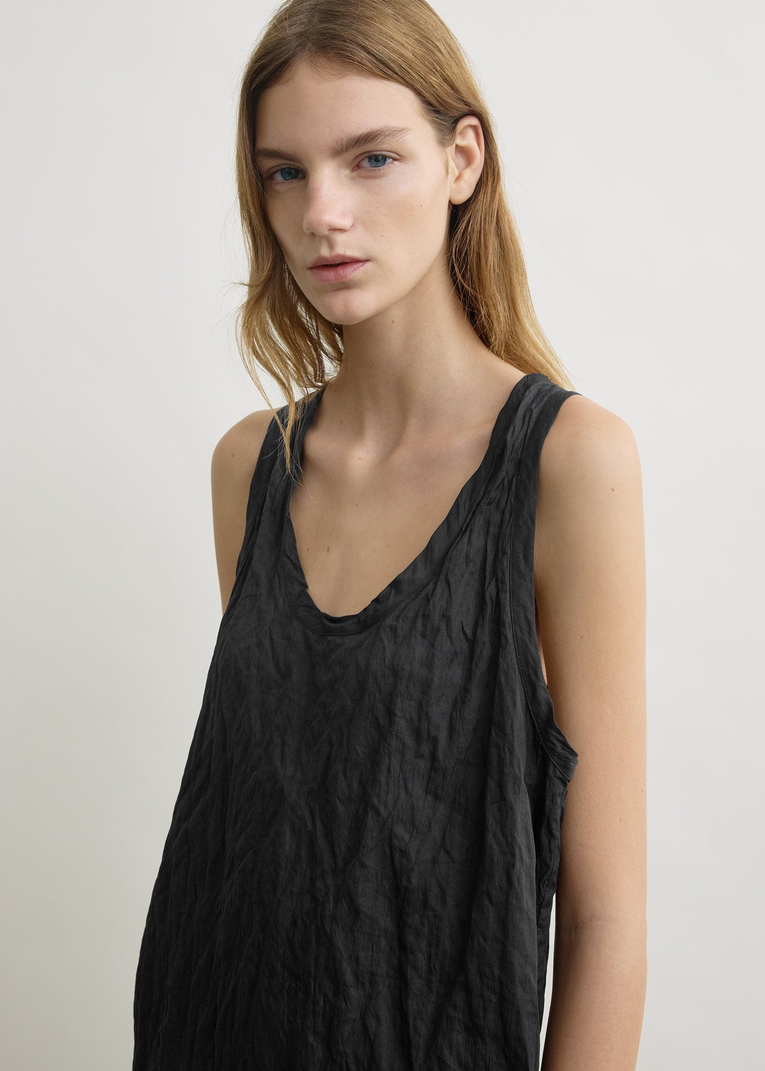 Crinkled cotton tank dress black
