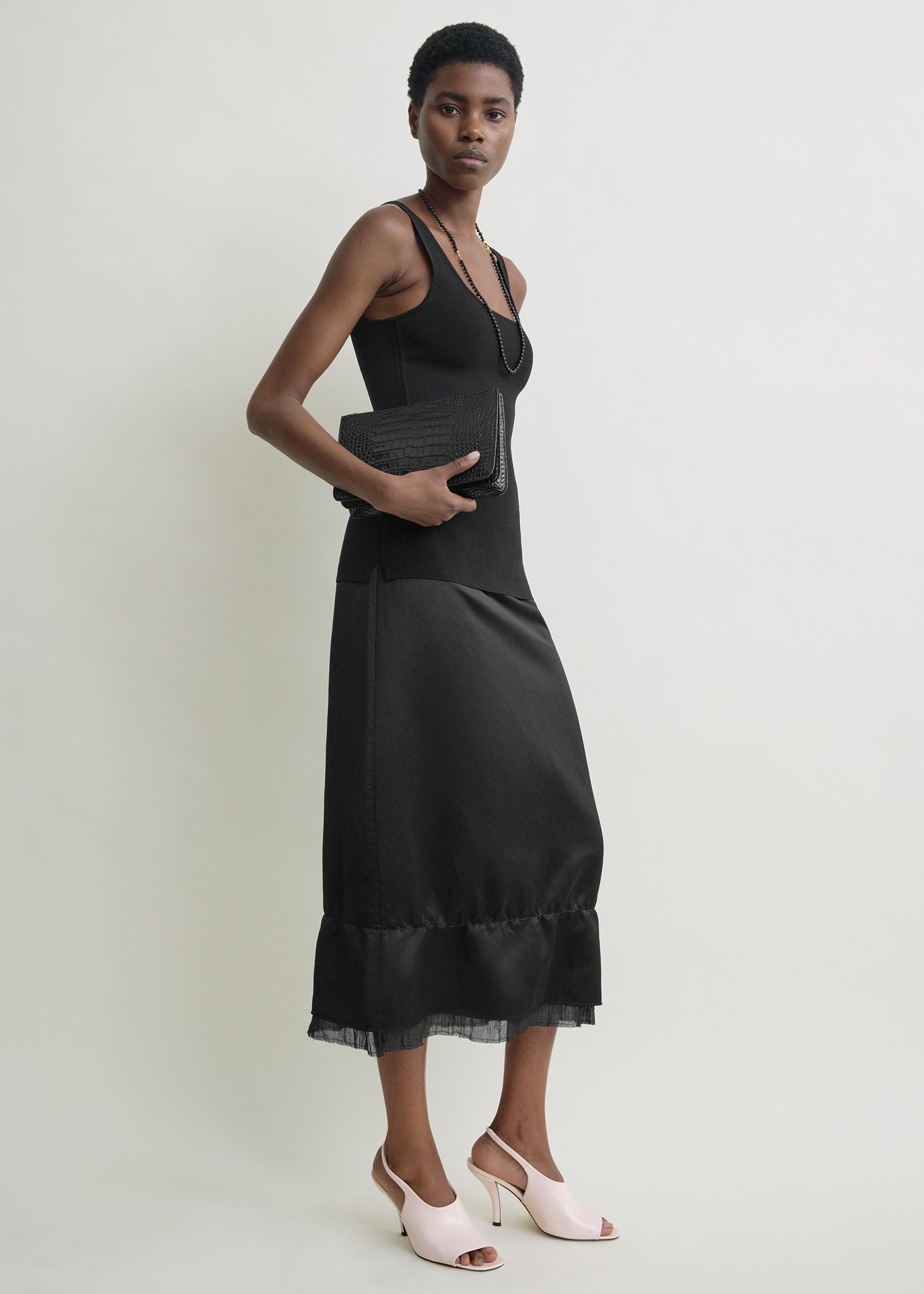 Layered satin skirt black