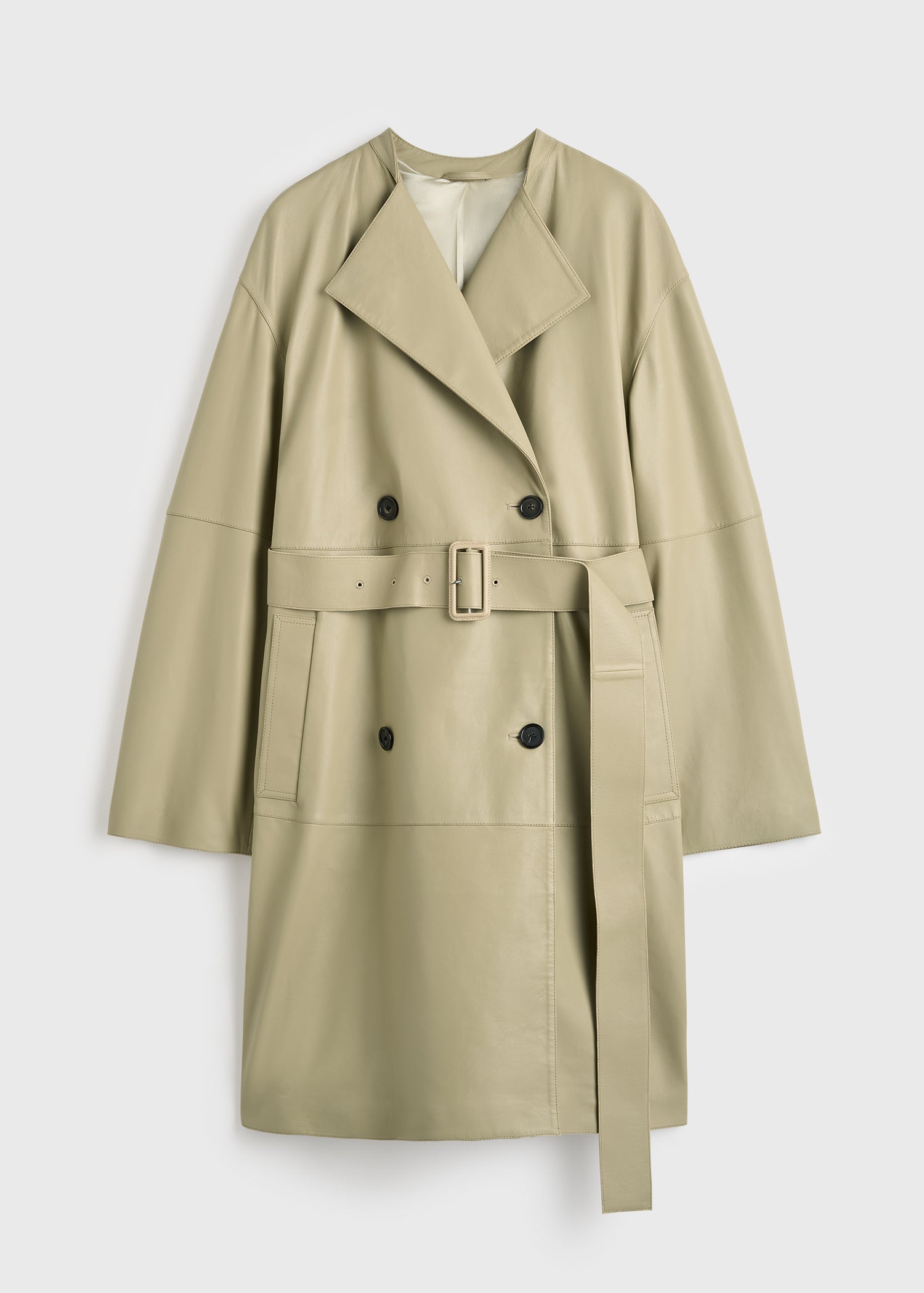 Collarless leather coat rye