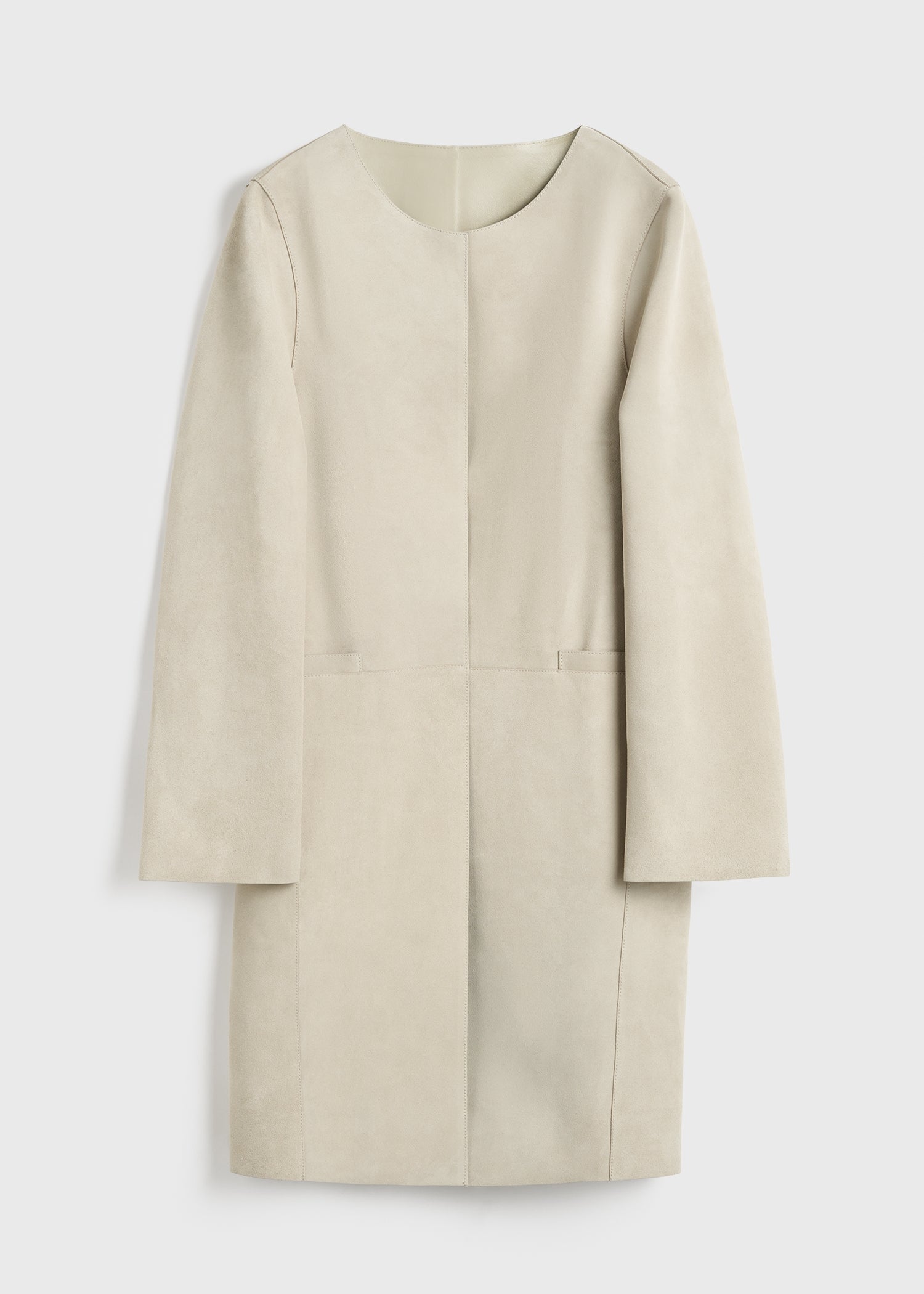 Collarless suede coat peanut