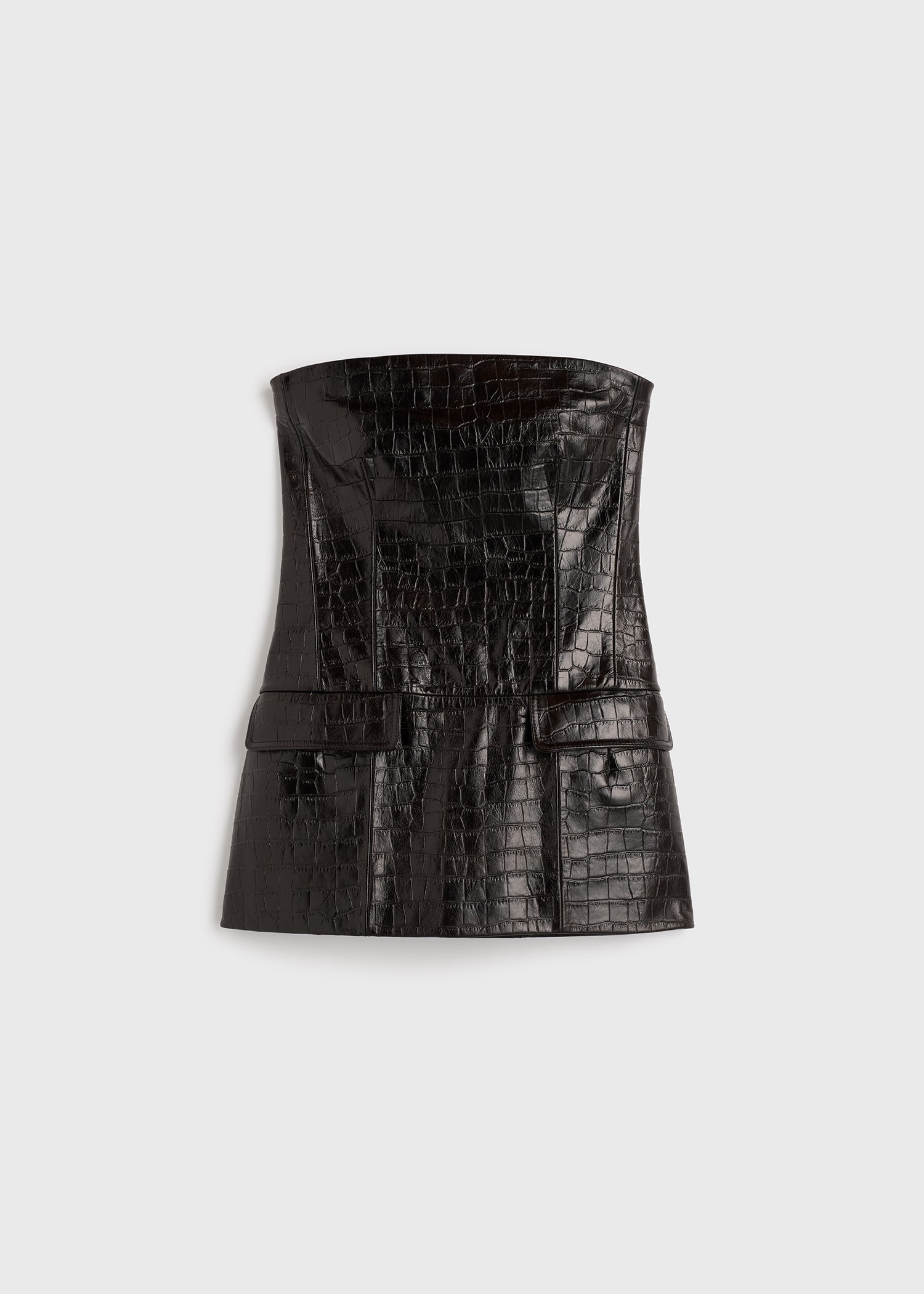 Strapless croco-embossed pocket top dark brown